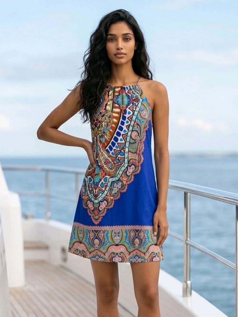Cobalt Blue Paisley Halter Dress Trapeze Mini Strappy Resort Chic S Anthro Glam